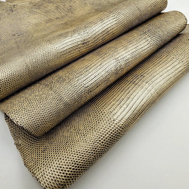 トカゲ革【最大幅37cm以上】シャンパンゴールド×黒/ツヤ弱/背割/t705